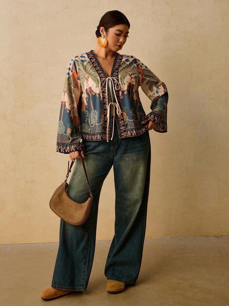 Travachic Camisa de manga larga con nudo delantero y estampado de palmeras para mujer talla grande, azul claro, estilo boho tropical, para vacaciones de otoño - Multicolor - Añade 3
