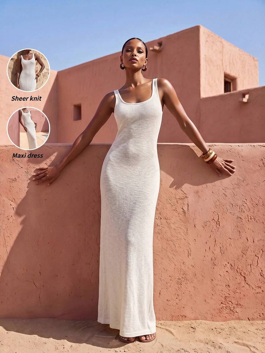 Zivah 2026 New Casual Vacation Beach Elegant Brown Semi-Sheer Knit Fabric Feature Neckline Tank Dress Elegant Vacation Women Cover-Up Bathing Suit Swimsuits - White - View 1