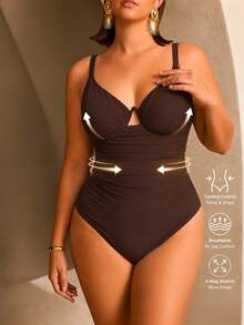 Shapewave Plus Size Women Solid Color Special Fabric Spaghetti Strap Underwire One-Piece Swimsuit Beach Party Summer Brown Sexy Elegant Modest - Brown - View 6