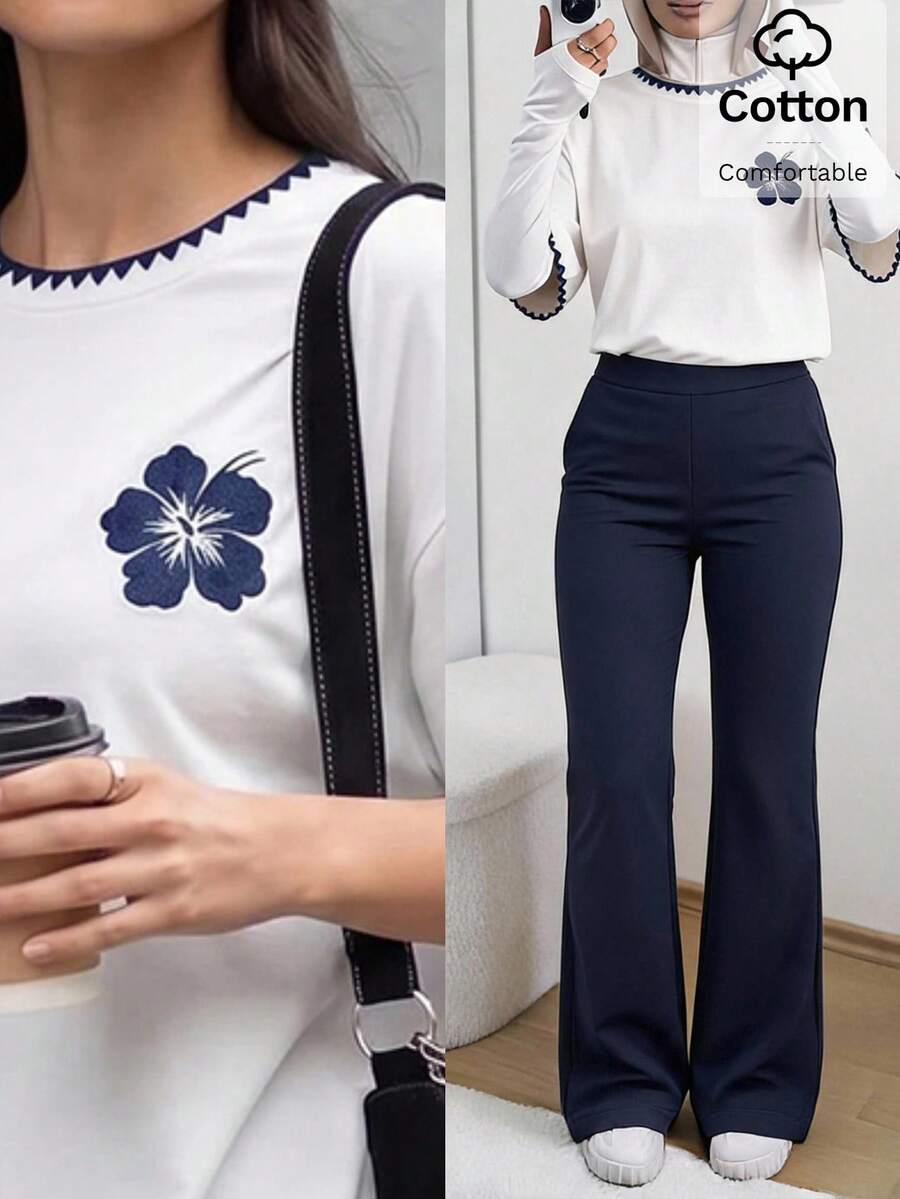 Solavon 女款花卉印花貝殼刺繡圓領T恤與純色休閒長褲2件組