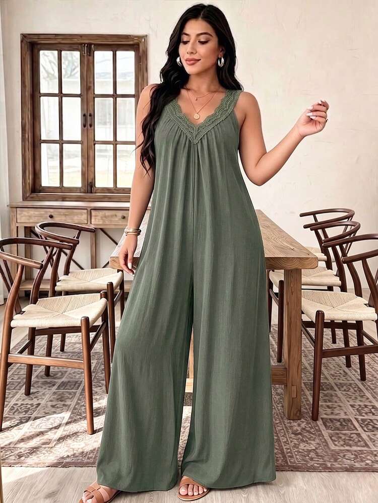 SHEIN LUNE CURVE Plus Size Summer Fashion Sexy Lace Trim V-Neck Loose Cool Jumpsuit Vacation Style Casual Jumpsuit - Army Green - View 4