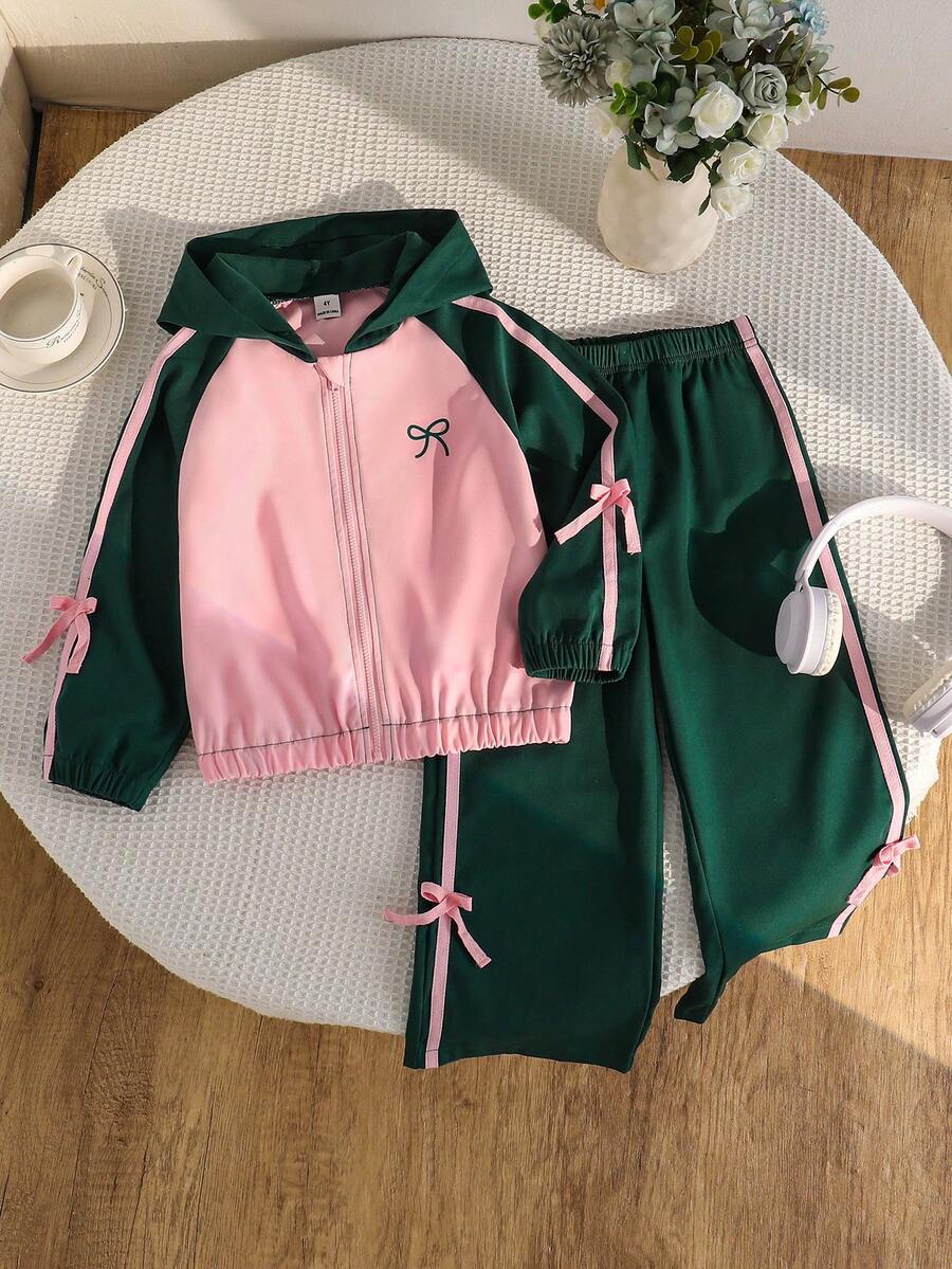 SHEIN 女童2件套編織休閒西式百搭連帽拉鍊外套+寬鬆寬腿褲,蝴蝶結印花,粉色滾邊,3D蝴蝶結,生日紫色綠色秋季款 - 彩色 - 查看 1