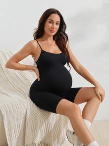 SHEIN Suprenx Maternity High Waist Elastic Belly Support Shorts, With Expandable Belly Panel, Yoga Activewear, Christmas Edition, For Mom Gym Going - Black - View 8