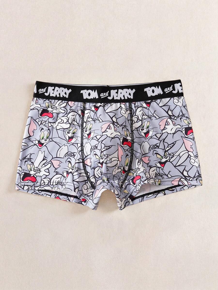 TOM & JERRY X SHEIN 1件裝男士對比色腰帶卡通滿版TOM印花縫線細節趣味四角褲 男士圖案四角褲 卡通四角褲 男童內褲 男士緊身四角內褲 - 黑色 - 查看 1