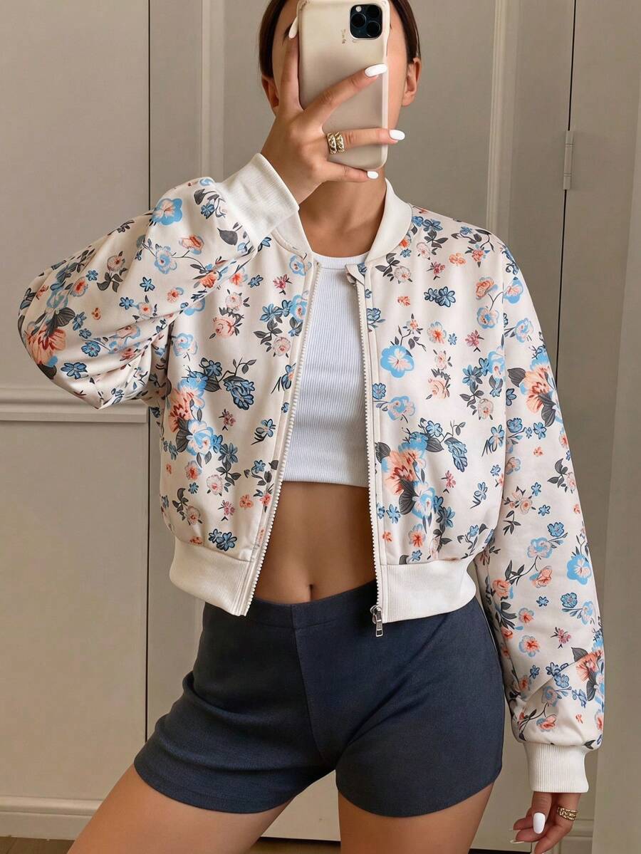 SHEIN 少女花卉印花棒球夾克輕便休閒拉鍊外套返校穿搭 - 杏色 - 查看 1