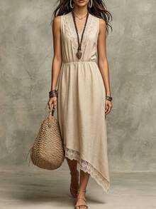 LanaWest Women's Summer V-Neck Asymmetric Hem Patchwork Lace Trim Sleeveless Cinched Waist A-Line Dress Western Bohemian Style Casual - Khaki - View 4
