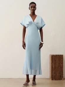 Aveloria Modichic Sky Blue Satin V-Neck Pleated Drop Shoulder Short Sleeve Cinched Waist Split Bodycon Mermaid Maxi Dress, Elegant Romantic French Vintage Minimalist Modern Commuter Vacation Versatile - Blue - View 3