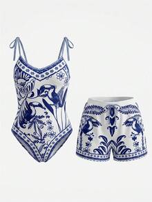 Swim Oasis 26SS Spring/Summer Vacation Fish BOHO Style One-Piece Swimsuit With Shorts 2 Pieces Set - Multicolor - View 4