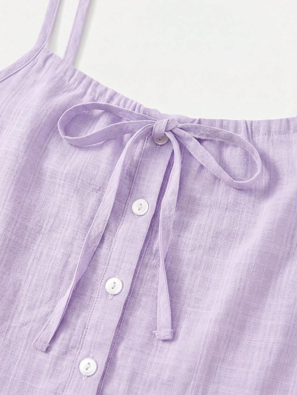 Lilac Pajama Set With Tie-Front Cami Top, Button-Front Detail And Matching Ruffled Shorts Cotton