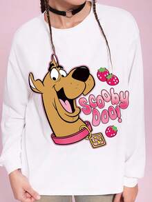 SCOOBY-DOO X SHEIN Kaos Wanita Lengan Panjang Putih Leher Bulat Motif Anjing dengan Stroberi, Lucu, Musim Gugur/Semi - Aprikot - View 4