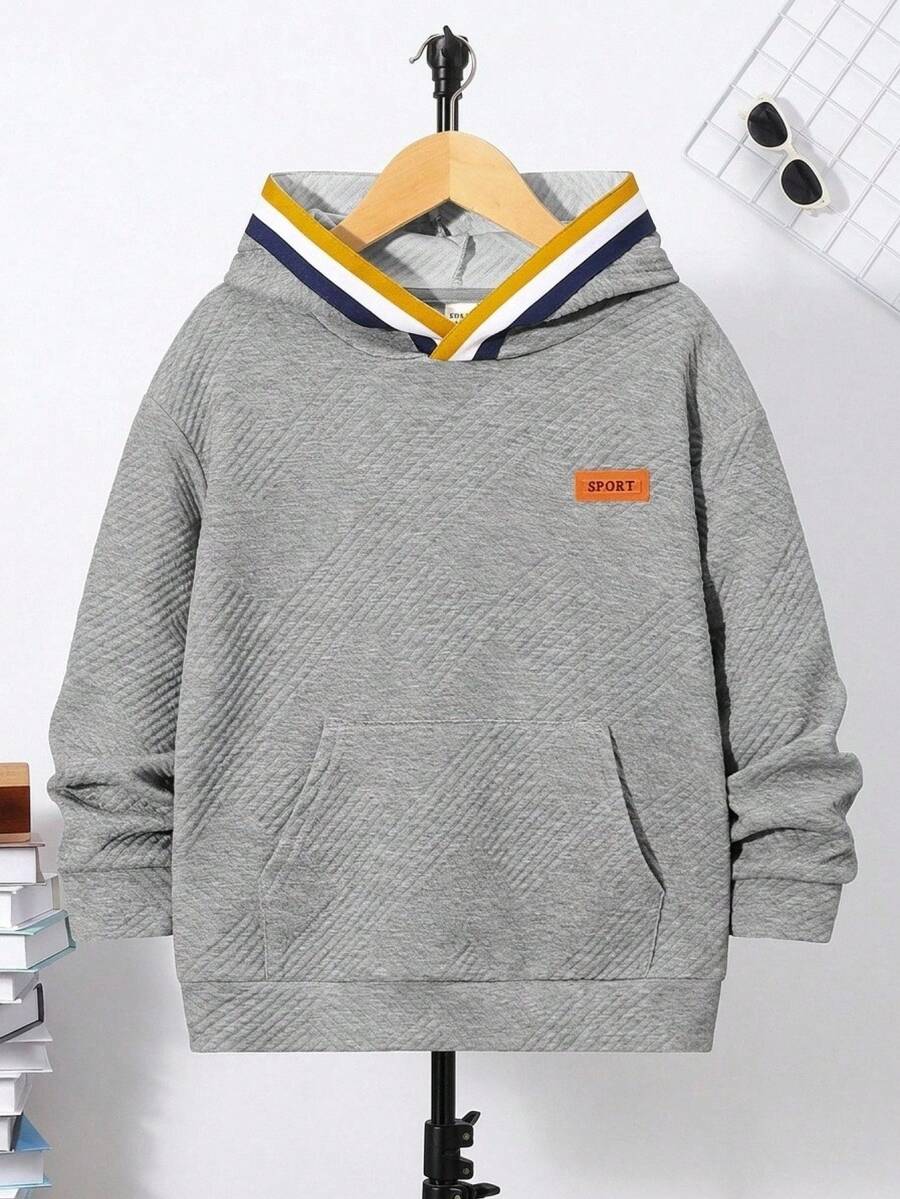 SHEIN 兒童青少年男孩字母拼接條紋飾邊連帽衛衣,適合學校、返校季、日常休閒、運動,春秋夏季皆宜 - 灰色 - 查看 1
