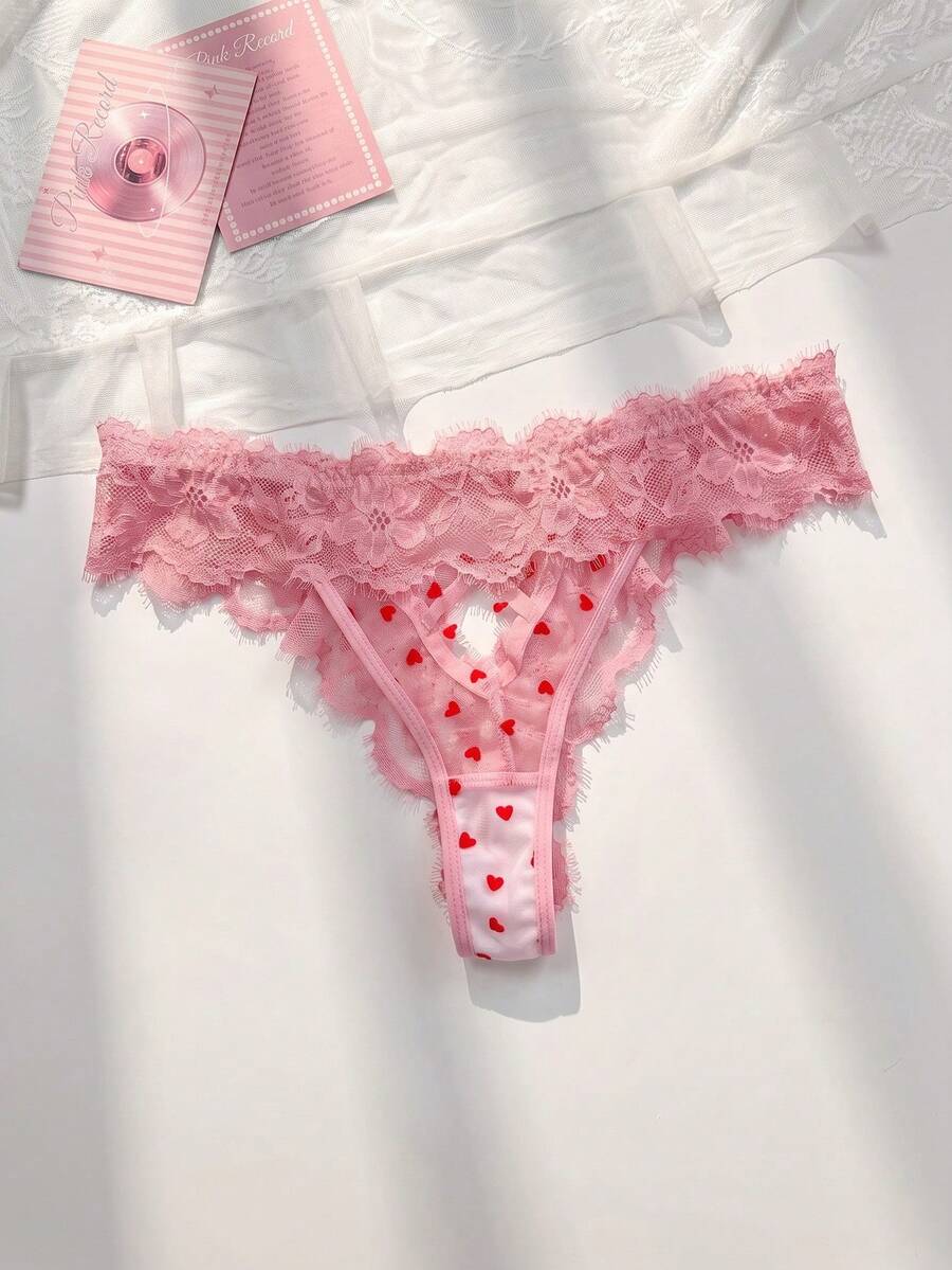 PetitDoll 女士性感爱心植绒蕾丝边丁字裤 - 粉色 - 查看 1