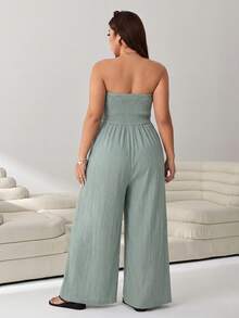 Solflare Olive Green Plus Size Women's Shirred Design Bandeau Long Jumpsuit - Olive Green - View 2
