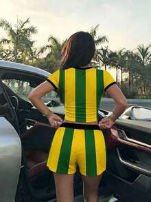 Muchica 世界盃球衣女款休閒街頭運動風蝴蝶結兔子印花寬鬆短款兩件套日常穿著旅行服飾綠黃配色夏季 - 彩色 - 查看 2
