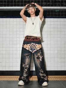 ROMWE MEN Street Life Men's Fashion Design Belted Waist Triple Waistband Printed Jeans - Multicolor - View 6