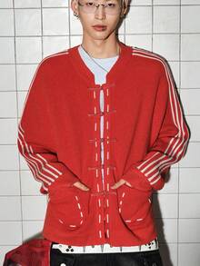 ROMWE MEN Street Life Men's Long Sleeve Striped Pocket Knit Cardigan - Hot Pink - View 6