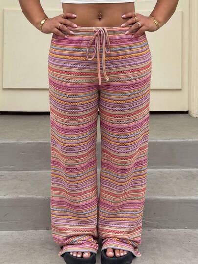 Muchica Plus Size Spring/Summer Casual Vacation Striped Long Pants