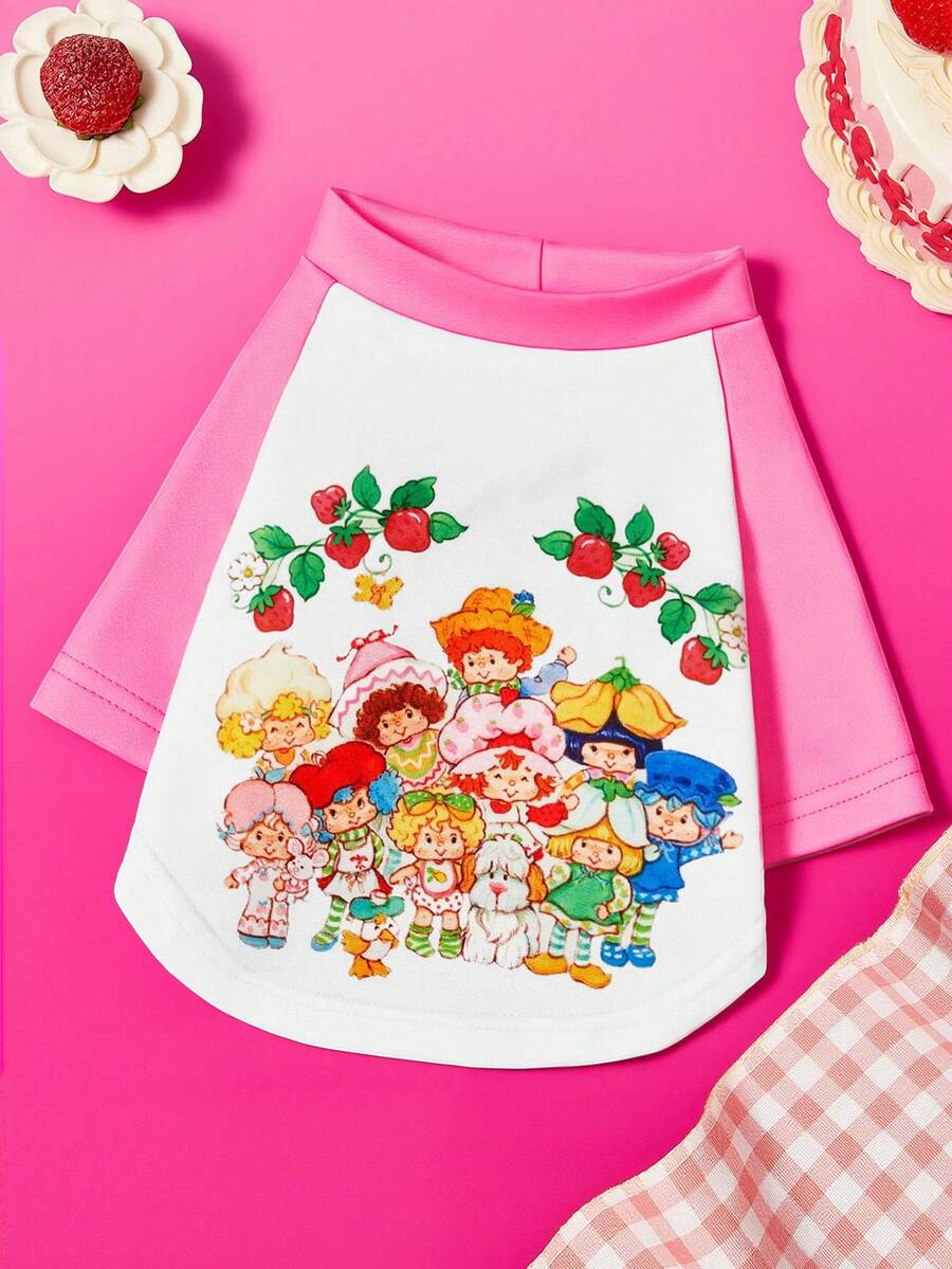 Strawberry Shortcake X SHEIN Strawberry Friends Printed Pet T-Shirt, All-Season Raglan Sleeve Dog Top, Cute Cartoon Tee For Cats & Dogs, XXS-XXXXXL Sizes - White - View 1