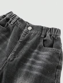 SHEIN Tween Girls Vintage Casual Fashion Blue Distressed Ripped Patchwork Star Embroidery Straight Leg Denim Jeans, Holiday Style Bottoms - Grey - View 5