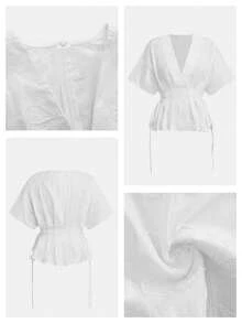 Maija 白色刺繡拼接女款襯衫，V領繫腰百褶喇叭下擺，休閒簡約優雅教師節風格，適合夏季茶會咖啡廳 - 白色 - 查看 8