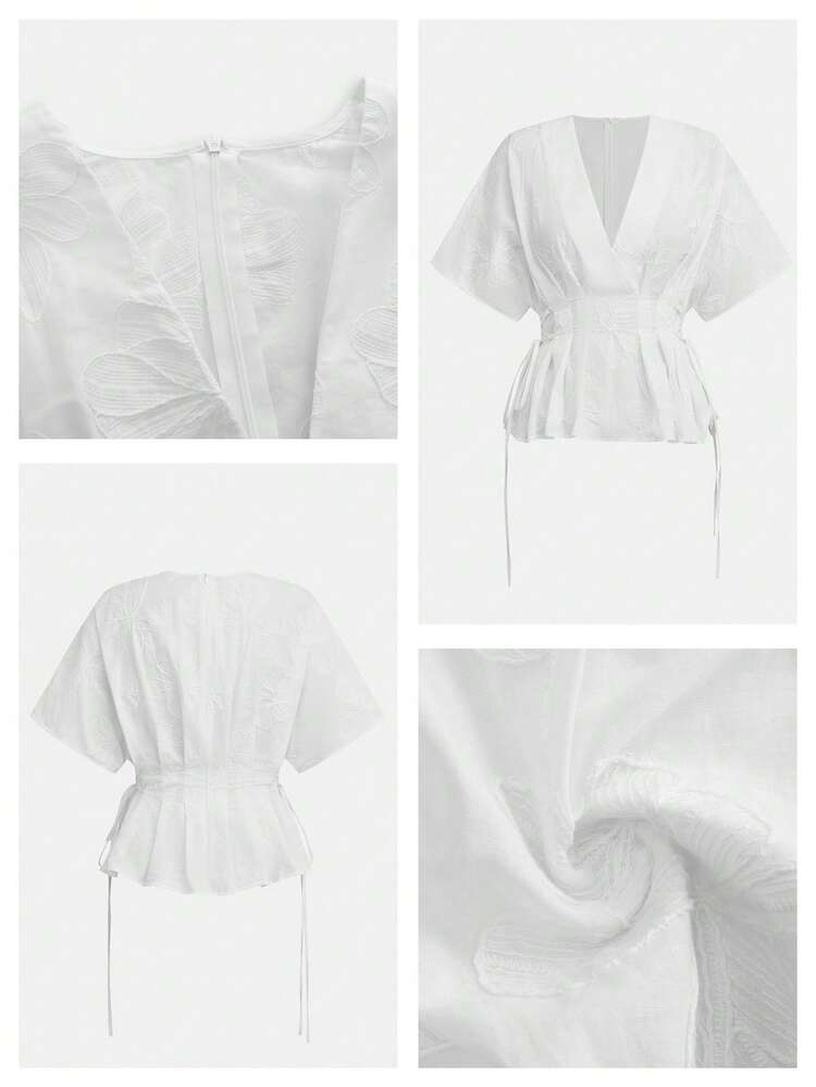 Maija White Embroidered Patchwork Women's Blouse, V-Neck Tie Waist Pleated Flared Hem, Comfortable Casual Vacation Style City Break Travel Fall - White - View 8