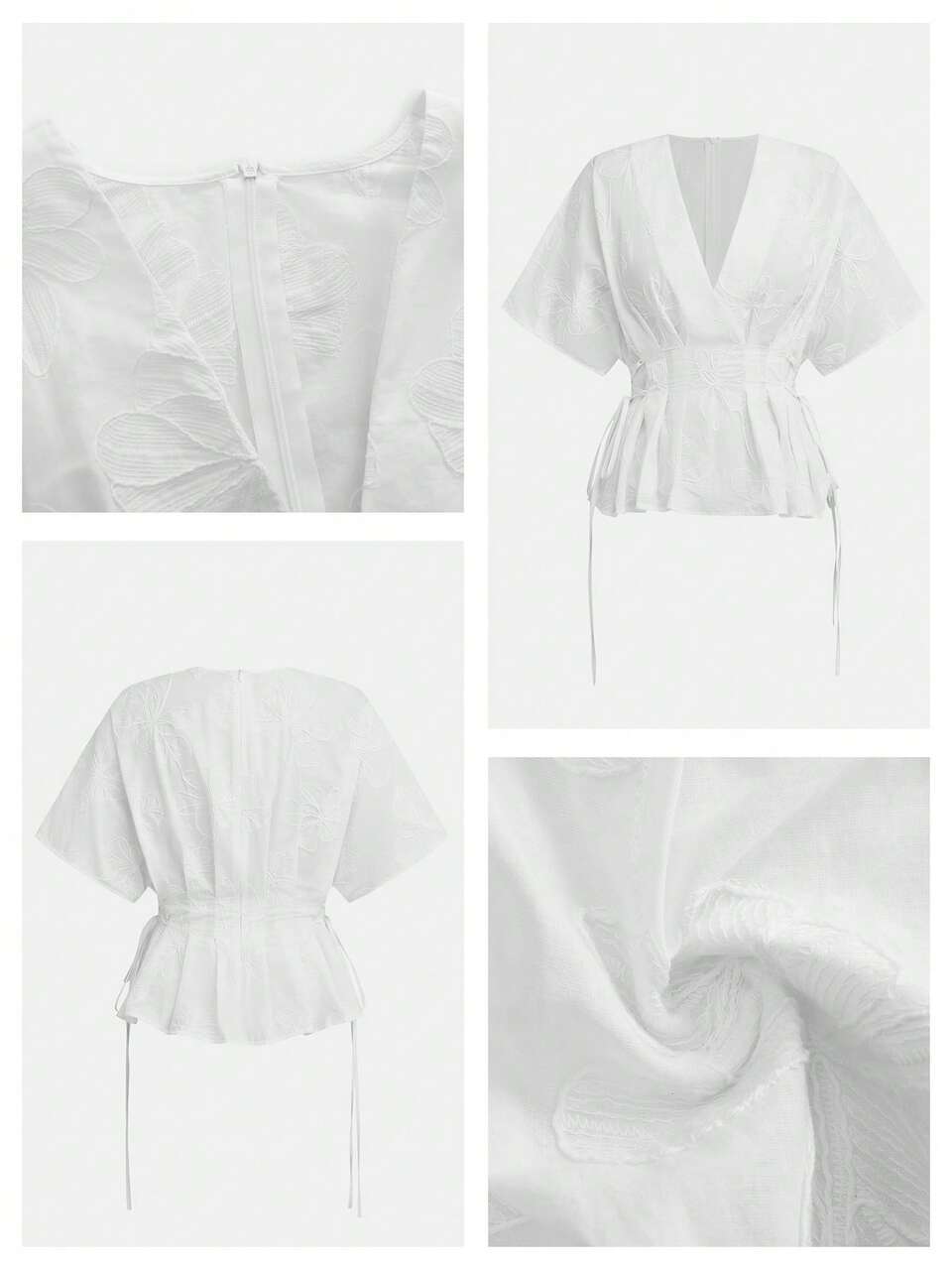 SHEIN Maija White Embroidered Patchwork Women's Blouse, V-Neck Tie Waist Pleated Flared Hem, Comfortable Casual Vacation Style