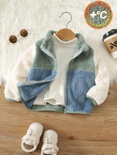 Babyboy Autumn/Winter Cute Versatile Fuzzy Colorblock Stand Collar Jacket, Infant Jacket, Fleece Jacket, Blue Jacket