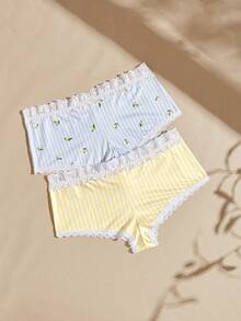Lullawish Celana Pendek Hipster Motif Garis-Garis dengan Hiasan Pita 3D dan Patchwork Renda - Warna campuran - View 4