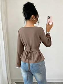 Elenzga Women's Spring/Summer 1pc Positioned Wavy Heart-Shaped Woven Ribbon Lace Trim Ruched Waist Blouse - Mocha Brown - View 4