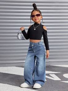 SHEIN Young Girl Young Girl Young Girl Young Girl Asymmetrical Waistband Pocket Wide Leg Loose Casual Denim Jeans Autumn Winter - Light Wash - View 4