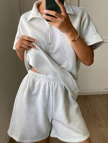 Livesso Women's Solid Color Short Sleeve Top And Shorts Casual Daily 2 Pieces Set Summer - Grey - View 3