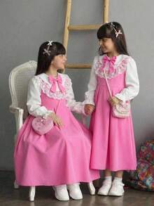 Tween Girl Back To School Outfit Pink & White Patchwork Long Sleeve 3D Bow Decor Lapel Open Front Dr - Pink - View 2