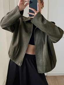 DAZY Solid Color Loose Fit Lapel Long Sleeve Zipper PU Jacket Casual Streetwear Spring Autumn Women's Jacket - Green - View 3