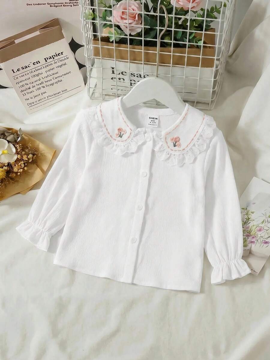 SHEIN 女嬰可愛休閒百搭學院風白色刺繡長袖彼得潘領上衣 - 白色 - 查看 1