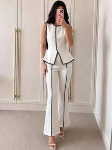 Modelyn Women's Woven Colorblock Sleeveless Vest With Flared Hem, Elegant Charming Commuter Office 2 Pieces Set - White - View 1