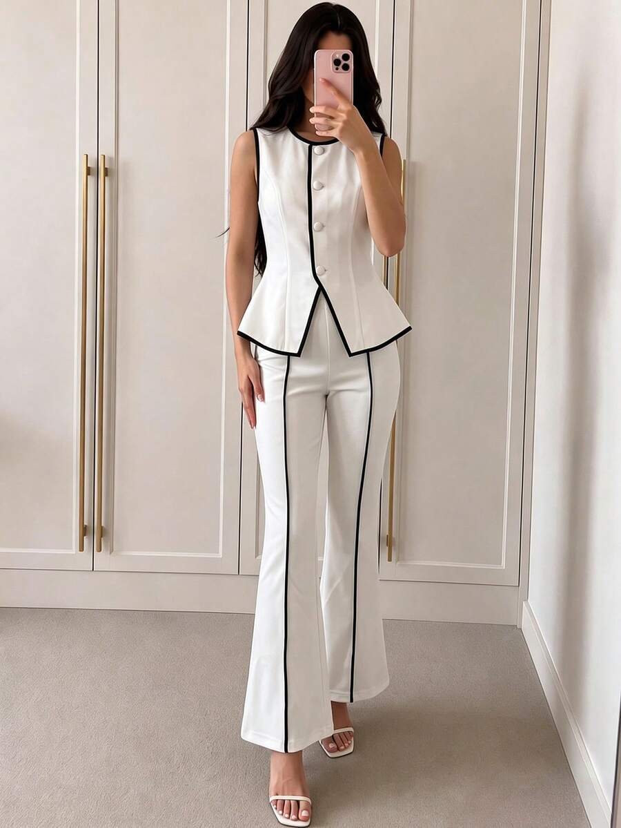 Modelyn Women's Woven Colorblock Sleeveless Vest With Flared Hem, Elegant Charming Commuter Office 2 Pieces Set - White - View 1