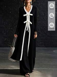 SHEIN Women's Bow Decor Long Sleeve Long Knit Sweater And Knit Pants Casual 2 Pieces Set - Black and White - View 2