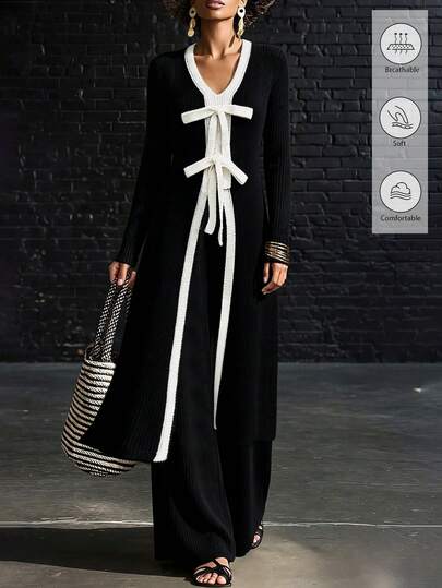 SHEIN Women's Bow Decor Long Sleeve Long Knit Sweater And Knit Pants Casual 2 Pieces Set