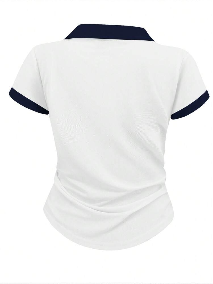 Airaco Women's Knight Embroidery Contrast Color Pleated Waist Short Sleeve T-Shirt - White - View 2