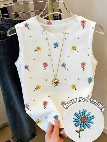 Franclia Plus Size Women's Simple Versatile Daisy Print Round Neck Tank Top