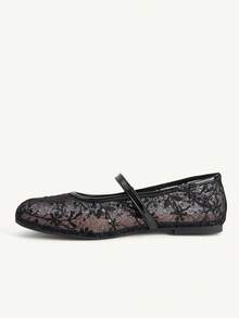 CUCCOO CHICEST 女款蕾絲網眼瑪麗珍鞋 夏季透氣扣帶平底鞋 日常通勤約會溫柔鞋 - 黑色 - 查看 9