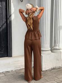 Serisse Setelan 2 Potong Minimalis Kasual Warna Gelap Cocok untuk Musim Panas - Coklat - View 2