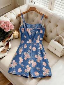 SHEIN MOD Women's Floral Print Camisole Denim Romper - Medium Wash - View 3