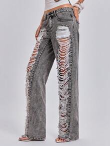 ACID BLVD Jeans Skinny de Cintura Ultra Baja con Estilo Callejero Y2K Hot Girl, Rasgados, Desgastados y Lavados para Primavera/Verano - Negro - Ver 6