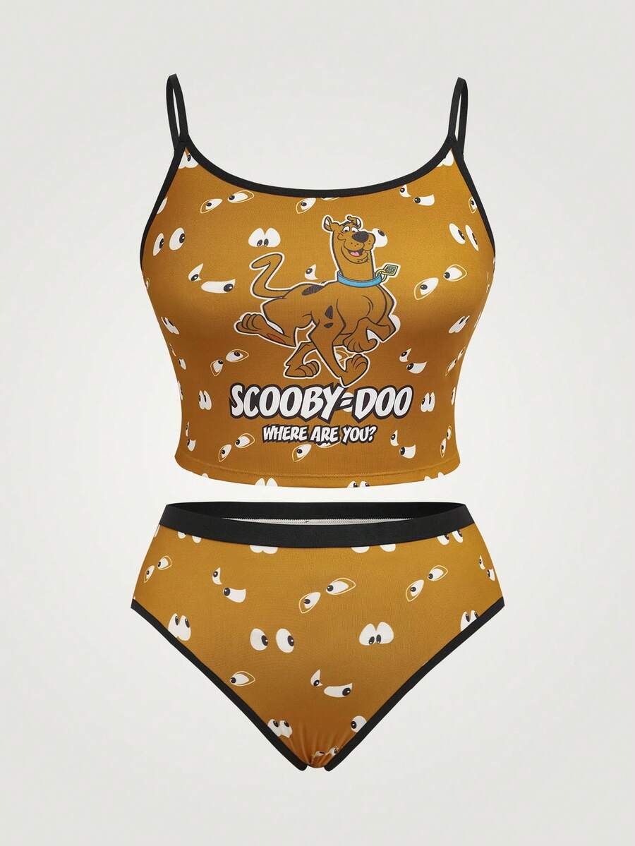 SCOOBY-DOO X SHEIN 大尺碼女款內衣套裝,含細肩帶背心與三角內褲 - 棕色 - 查看 1