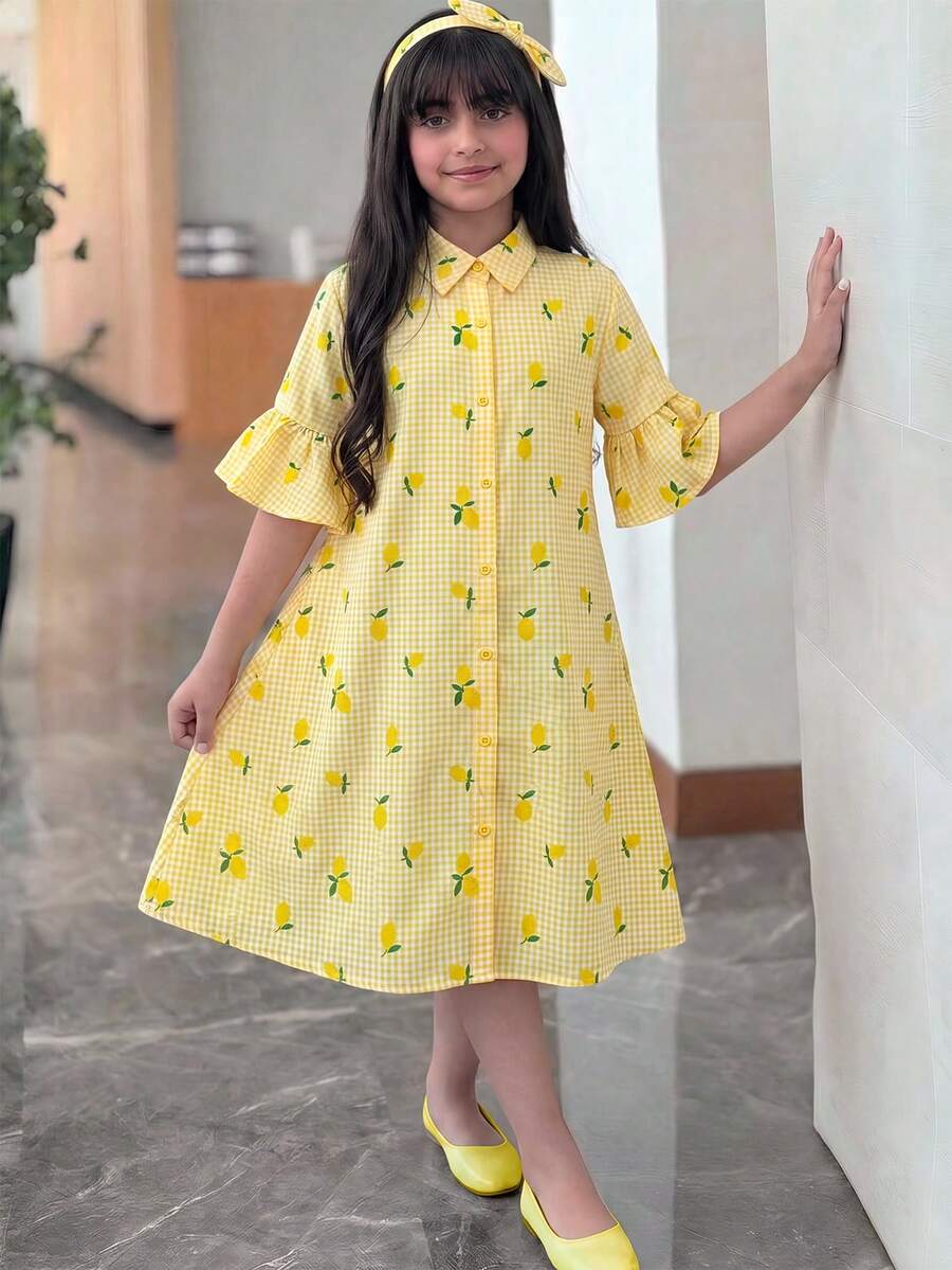SHEIN Tween女孩休閒學院風領口黃色格紋印花 7/10袖喇叭袖寬鬆下擺洋裝 黃色返校穿搭 秋/冬穿搭 - 黃色 - 查看 1