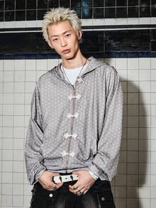 ROMWE MEN Street Life Men's Polka Dot Frog Button Sweatshirt Hoodie Sweatshirt - Grey - View 7