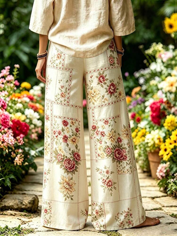 Selamara Bohemian Vacation Style Khaki Textured Casual Long Pants, Loose High Waist Elastic Waist Drawstring Draped Straight Leg Pants, Beach Casual Vacation Travel Wide Leg Pants - Multicolor - View 2
