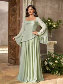 Aureia Plus Size Elegant Sage Green Chiffon Trumpet Sleeve 2 In 1 A-Line Maxi Dress Suitable For Wedding Party Ball Birthday Bridesmaid - Green - View 7