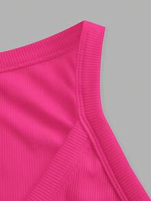 Slaydiva 2026 Primavera/Verano Nueva Llegada Casual Básico Versátil Blanco Sólido Acanalado Cuello en V Espalda de Corredor Fruncido - Rosa Fucsia - Ver 4